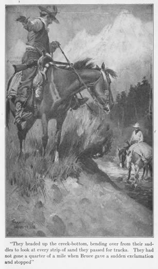 'They headed up the creek-bottom, bending over from their saddles to look at every strip of sand they passed for tracks. They had not gone a quarter of a mile when Bruce gave a sudden exclamation and stopped.'