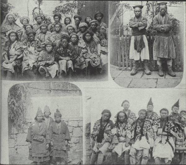 Top left—Hua Miao, all men, of North-eastern Yün-nan. Top right—Ch'in Miao, men, of Kwei-chow. Bottom left—Three Heh Miao—all women. Bottom right—Hua Miao—two women have their hair done up in shape of horn to denotes that they are married; others man.