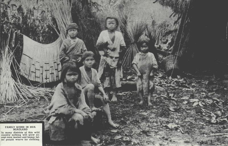 FAMILY SCENE IN HUA MIAOLAND  In many districts of this wild country nothing will grow except corn (maize) and hemp; latter people weave for clothing.