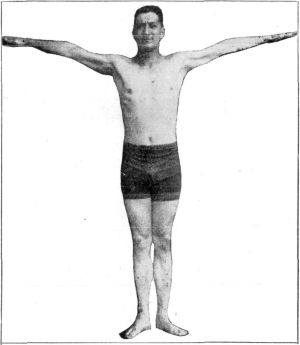 FIG. 2.—ARMS CROSS  On the "Cross" position the arms should be straight out horizontally from the body, with the elbows locked. At the same time, resistance should be placed against the head and neck coming forward at all. These should be held in exactly the same position as at "Attention." The tendency is either to let the arms bend a little or to let them drop below the horizontal, or even to hold them slightly above the level.