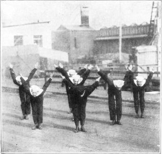 FIG. 15.—WING  In the "Wing" position, which is a final breathing exercise, the breath should be taken well in as the arms are raised over the head; then exhaled as the body and arms swing forward, with a final crowding out of some of the residual air by forcing in the abdomen as the arms are raised over the back. Start the inhalation again as the arms come forward.