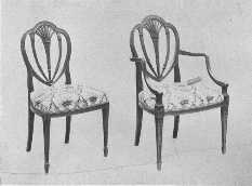 These chairs are reproductions of designs by the Adam Brothers. They are of satinwood, covered with damask. This design was also used by Hepplewhite.