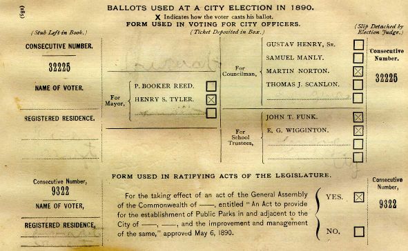 First form of ballot type: City Ballot--no party names, candidate names in alphabetic order.