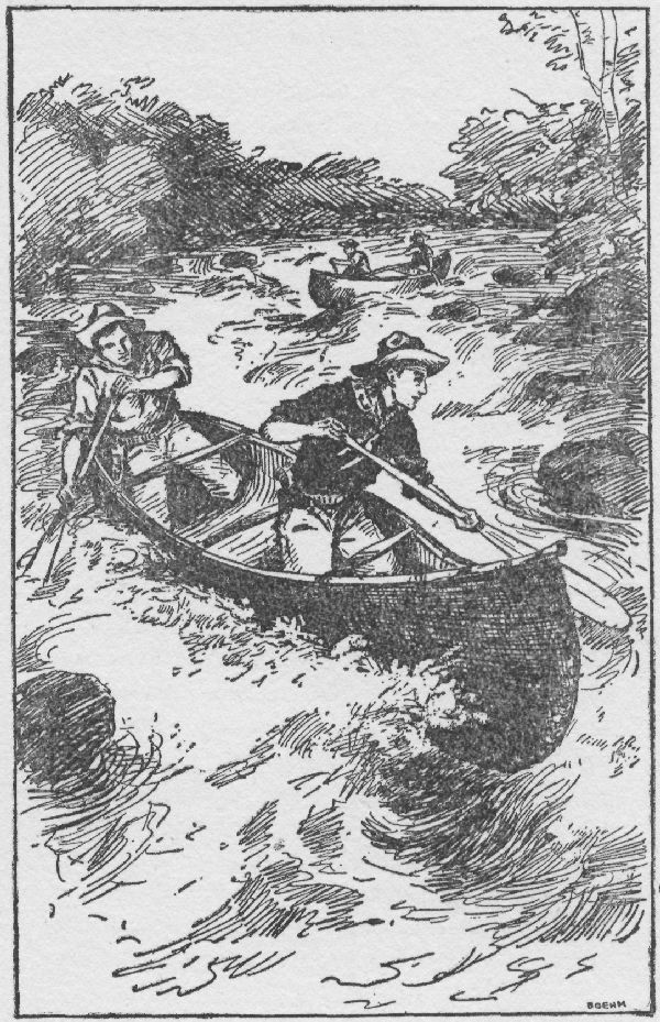 IMMEDIATELY THE TWO ADVENTUROUS CRUISERS WERE IN THE RAPIDS.—Page 141. The Outdoor Chums After Big Game.