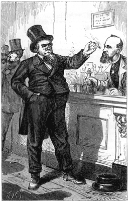 A grumpy looking man gesticulates at a clerk.