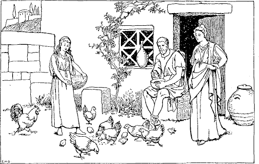 In front of a farmhouse: daughter feeding chickens, father holding a bowl, mother standing