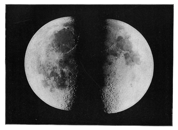 THE MOON AT FIRST AND LAST QUARTER (WESTERN AND EASTERN HEMISPHERES). Photographed with the Lick Telescope.