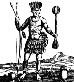 OLD DRAWING OF AN AMERICAN INDIAN; AT HIS FEET A CHOCOLATE-CUP, CHOCOLATE-POT, AND CHOCOLATE WHISK OR "MOLINET."