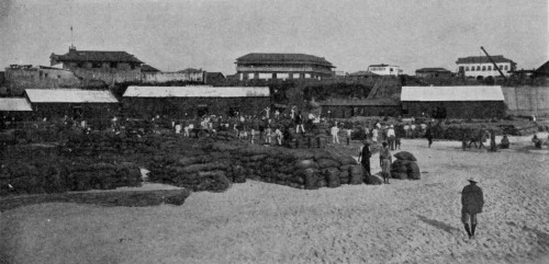 FORESHORE AT ACCRA, WITH STACKS OF CACAO READY FOR SHIPMENT Reproduced by permission of the Editor of "West Africa".