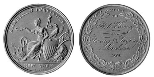 Silver medal won by Mr. Hussey with the Reaper at New York in 1852