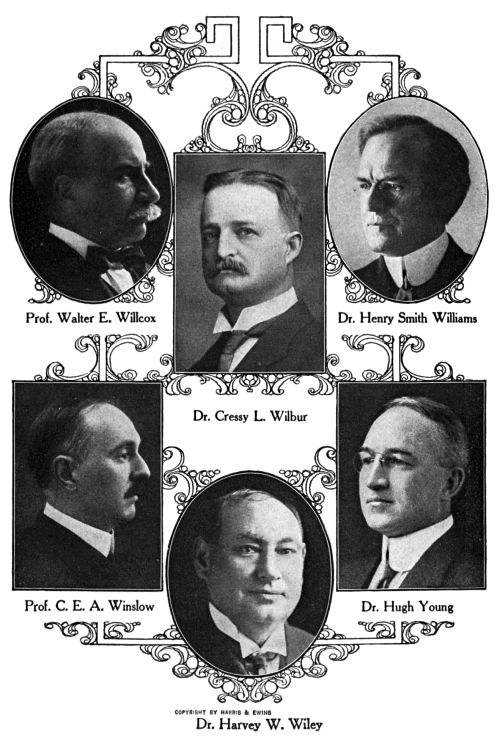 Prof. Walter E. Willcox, Dr. Henry Smith Williams, Dr. Cressy L. Wilbur, Prof. C. E. A. Winslow, Dr. Hugh Young, Dr. Harvey W. Wiley