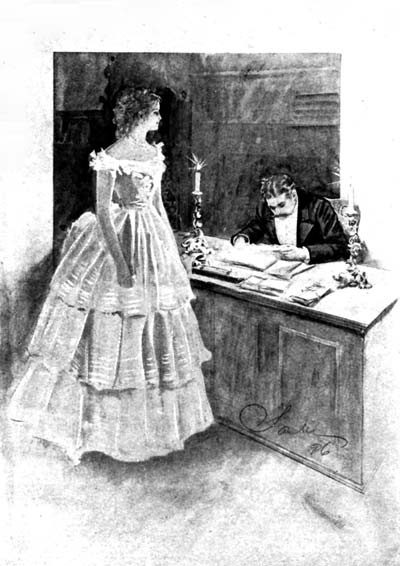 I WAS MAKING PRETENCE, IN A SHALLOW WAY NO DOUBT, TO STUDY THE PAPERS ON THE TABLE. AND LUCILLE STANDING BEFORE MY DESK WAS LOOKING DOWN AT MY BENT HEAD, NOTING PERHAPS THE GREY HAIRS THERE. THUS WE REMAINED FOR A MINUTE IN SILENCE. See Page 140.