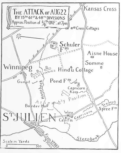 The Attack Of Aug 22 By 15th 61st & 48th Divisions Approx: Position of 2/4th. OXF. at 7 pm.