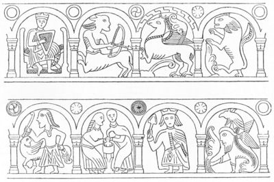 Rite of baptism on the font at Darenth, Kent (from Romilly Allen's "Early Christian Symbolism")