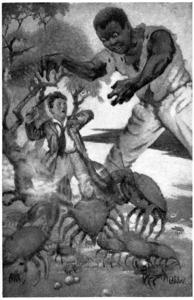 HIS VISION DISTORTED BY THE VENOM-VAPOR OF THE POISON TREES, THE LAND-CRABS SEEMED OF ENORMOUS SIZE AND THE NEGRO WHO CAME TO RESCUE HIM APPEARED AS AN OGRE.