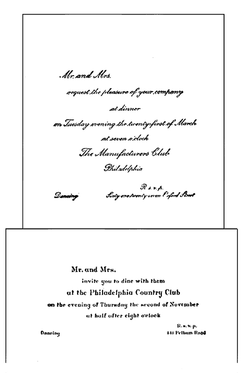 Specimens of formal dinner invitations