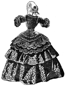 From 1860 to 1865. The hoop-skirt era. The difficult feat of tying on a bonnet.