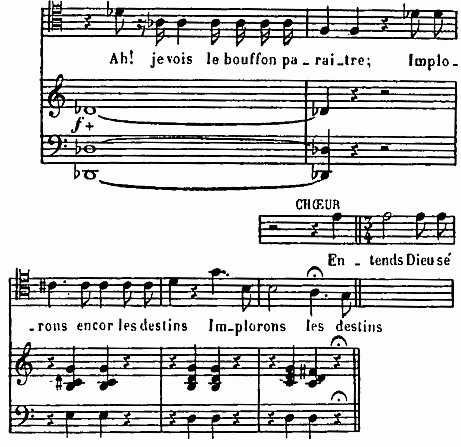 Illustration: Ah! je vois le bouffon pa-rai-tre; Implorons encor les destins Implorons les destins. En-tends Dieu se'