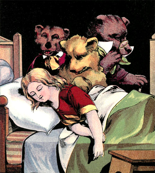 THE BEARS FIND GOLDENHAIR ASLEEP IN TINY-CUB’S BED.