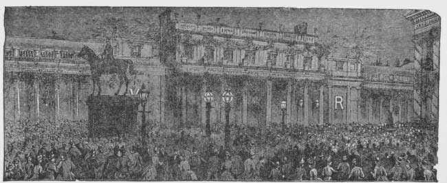 "MAC AND GEORGE WERE WITHOUT, AND WERE STRICKEN WITH CONSTERNATION, FOR A MINUTE'S OBSERVATION OF THE GATHERING CROWD AND THE RUSHING INTO THE BANK OF EXCITED PEOPLE CONVINCED THEM SOMETHING UNUSUAL WAS IN THE WIND, AND THEY KNEW NOYES MUST BE IN DEADLY PERIL. MAC RUSHED INTO THE BANK IN HOPE "TO WARN OR TO BE OF HELP."—Page 236.