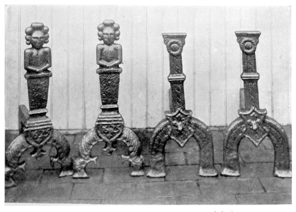 FIG. 9.—PAIR OF DATED SUSSEX ANDIRONS (1625).  FIG. 10.—PAIR OF SUSSEX ANDIRONS.  (In the collection of Mr. Wayte, of Edenbridge.)