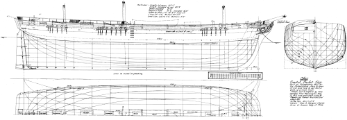 Figure 5.—Lines of the coastal packet ship Ohio, built at Philadelphia in 1825 for the Philadelphia-New Orleans run.