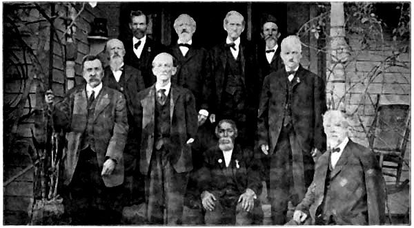 From left to right, back row—Private Thrower, Orderly Sergeant George Little, Sergeant John Little, Bugler Minardo Rosser. Second row, left—Lieut. Harvey Cribbs; right, Artificer William Johnson. Front row, left—Corporal Thos. Owen, Walt