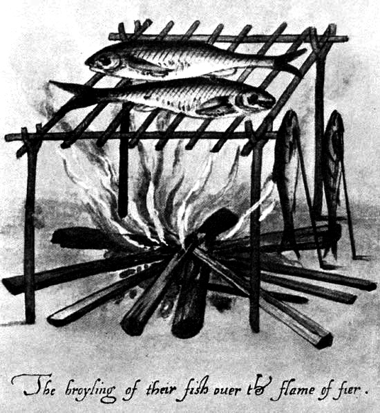 The broyling of their fish over the flame of fire.