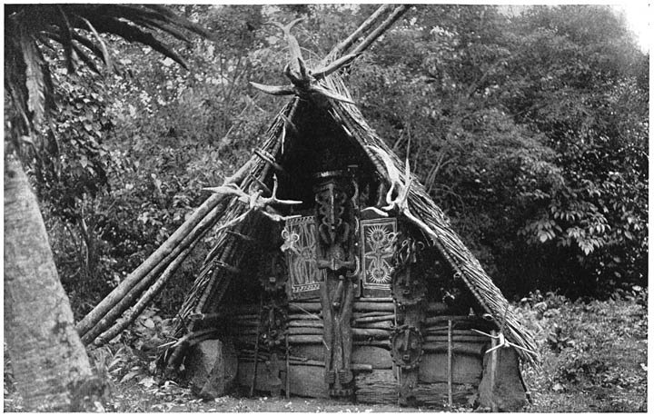 ANCESTOR HOUSE ON GAUA, WITH PICTURES AND CARVED STATUES.