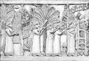 Fig. 27.—Feast of Assurbanipal; from Kouyundjik. British Museum. Height 20¾ inches. No. 1, The servants of the feast.