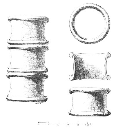 Figs. 62-65.—Terra-cotta cylinders in elevation, section and plan; from Place.