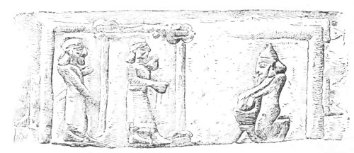 Fig. 73.—Interior of a house supported by wooden pillars; from the gates of Balawat. British Museum.