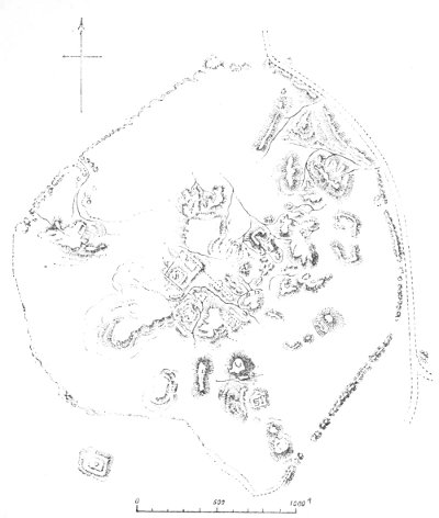 Fig. 172.—Map of Warka with its ruins; from Loftus. A, Bouvariia; B, Wuswas; C, ruin from the Parthian epoch; D, building decorated with coloured cones (see page 279).