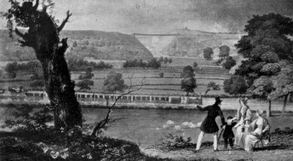 BRISTOL AND EXETER RAILWAY TRAIN BRINGING MAILS TO BRISTOL ON THE DECLINE OF THE MAIL COACH SYSTEM ABOUT 1844 (CLIFTON BRIDGE ANTICIPATED BY THE ARTIST.)