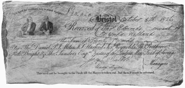 FACSIMILE OF A RECEIPT FOR £20 GIVEN BY THE TRUSTEES OF THE BRISTOL PRUDENT MAN'S FUND SUBMITTED FOR PAYMENT 78 YEARS AFTER ISSUE.