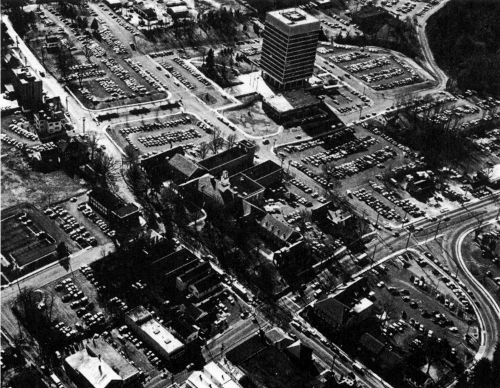 View of the Fairfax County Courthouse, the Massey Building, and downtown Fairfax. Photo by Bernie Boston, 1976.