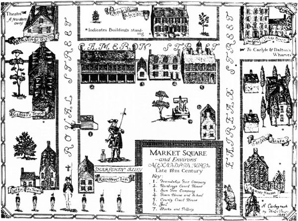 Cartograph of the Market Square and Fairfax County Courthouse in Alexandria, as they might have appeared in the eighteenth century. Drawn by Worth Bailey, 1949.