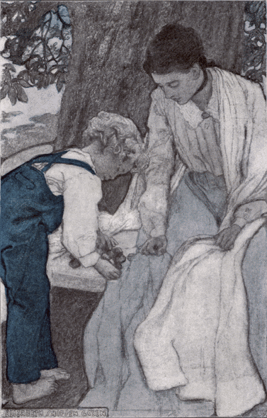 Illustration: Woman and boy playing with chestnuts.