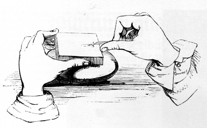 Figure 2.—Wood Engraving Procedure, showing manipulation of the burin, from Chatto and Jackson, A treatise on wood engraving, 1861. (See footnote 6.)