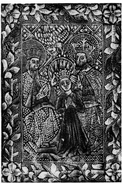 Figure 3.—Late 15th-Century White-Line Engraving "The crowning of the Virgin," in the "dotted manner" executed on metal for relief printing. Parts were hand colored.