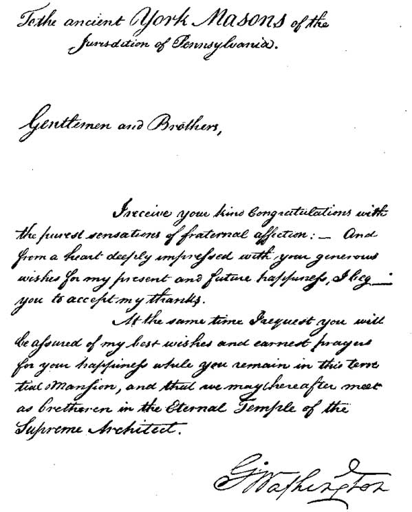 Fac-simile of Washington's Reply to Grand Lodge of Pennsylvania