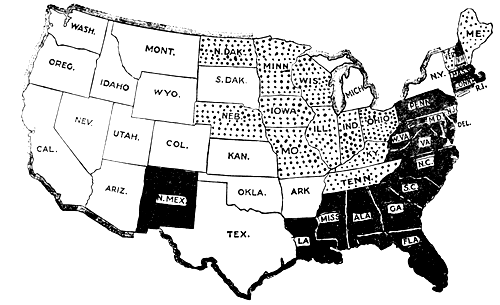 MAP III.  The Suffrage Map when Congress submitted the Federal Amendment June 4, 1919. In the white States women had full suffrage; in the dotted States Presidential; in Illinois, Nebraska, North Dakota, Tennessee and Vermont Municipal also; in the first three County besides.