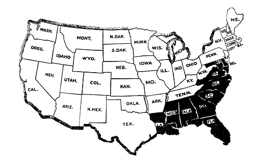 MAP IV.  The Legislatures of all the white States ratified the Federal Woman Suffrage Amendment; those of the black States rejected it except that of Florida, whose Governor said it would do so if he called a special session.