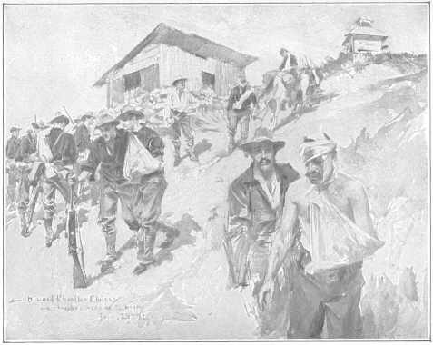 Wounded Rough Riders coming over the hill at Siboney.  Head of column of Second Infantry going to support the Rough Riders, June 24th