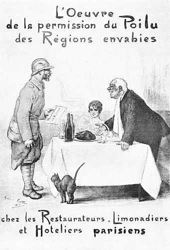 A poster inviting the proprietors of restaurants and hotels and their guests to welcome the soldiers who have permission to visit Paris, especially those who come from the districts invaded by the Germans.