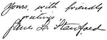 Autograph: "Yours with friendly greetings, Jane L. Stanford"