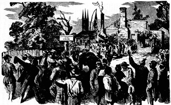 HEADQUARTERS OF VINCENT COLLYER, SUPT. OF THE POOR AT NEWBERNE N. C. Distributing clothing, captured from the Confederates, to the free negroes.