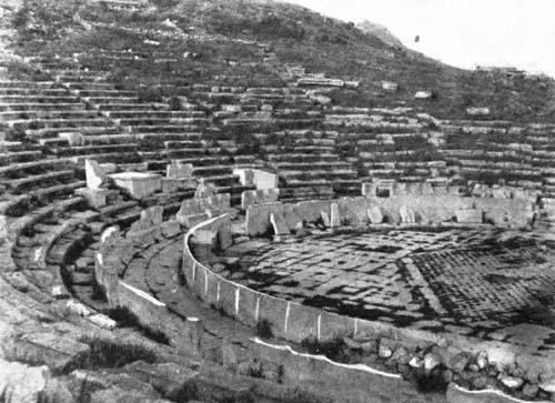 THE THEATRE OF BACCHUS HAS TIERS OF STONE SEATS.