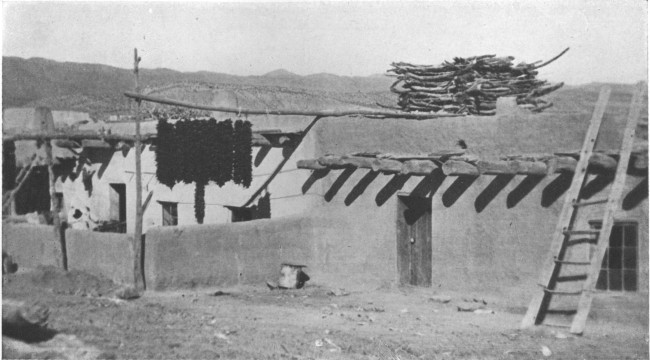 Chili peppers drying outside pueblo dwelling. The structure of sticks on the roof is a cage where an eagle is kept for its feathers, which are used in religious rites