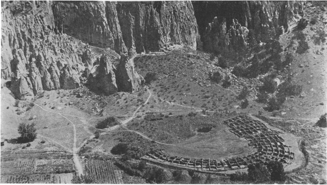 Looking down on the ruins of a prehistoric dwelling from one of the upper caves in the Rito de las Frijoles, New Mexico